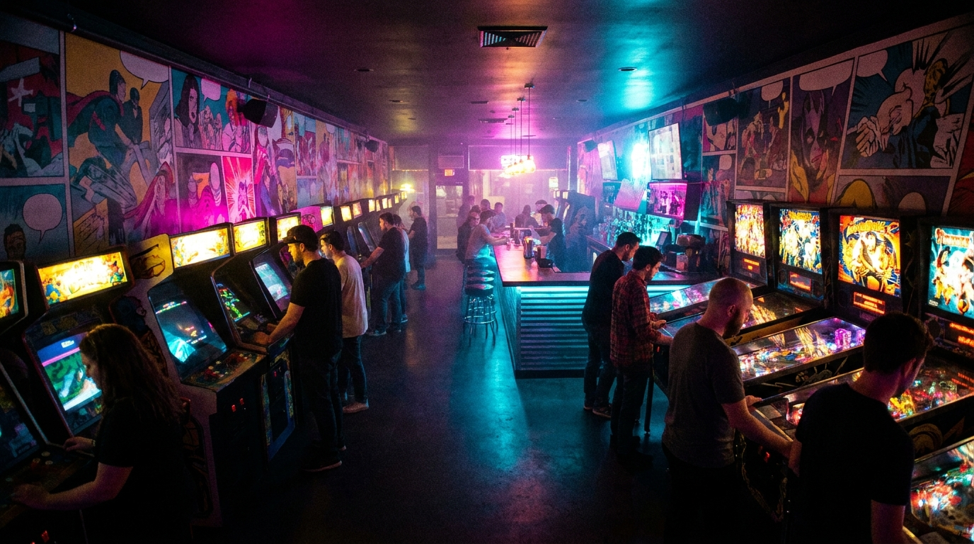 Neon-lit arcade floor at Quarter Slam